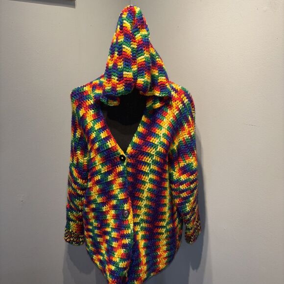 Vtg crochet Cardigan‎ Bold Colors Handmade Hooded Retro Artsy women’s SzM - Picture 2 of 10